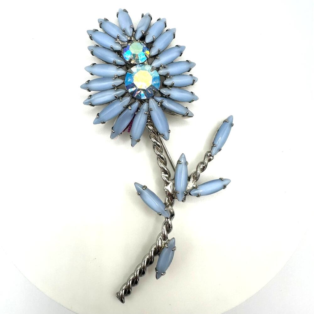 Vintage silver tone large 4" blue glass AB rhinestones navettes flower brooch